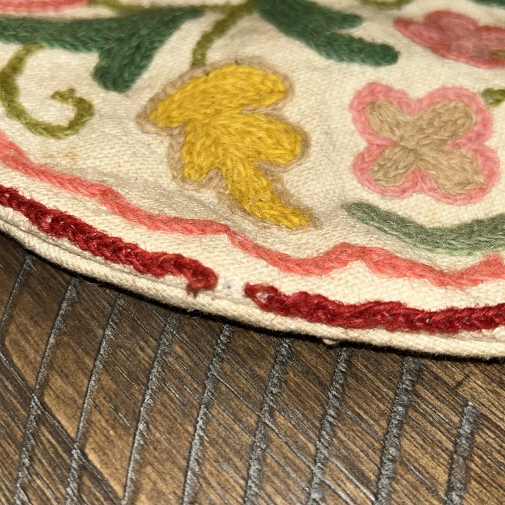 VINTAGE CREWEL EMBROIDERED PURSE WITH CANE WRAPPED HANDLES FLORAL FOLK HOBBO - Picture 4 of 8